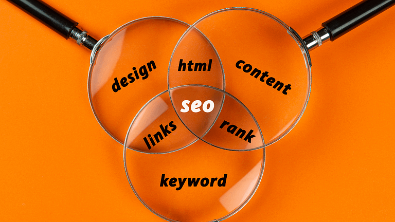 Three overlapping magnifying glasses labeled with SEO terms